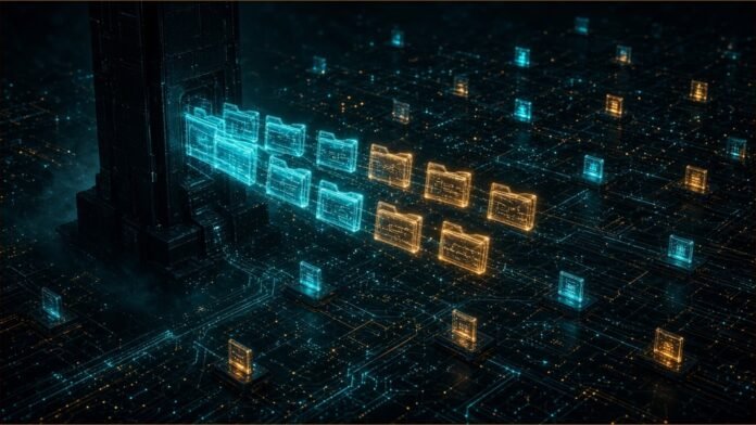 Illustration of glowing translucent folders drifting from a dark tower across an open circuit-board landscape dotted with small teal and amber terminals