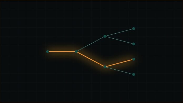 Illustration of a branching teal line network with one amber path traced through it.