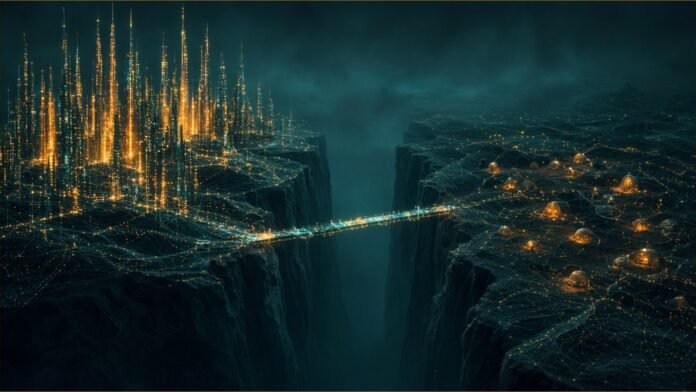 Anthropic Survey Finds a Wide AI Expectations Gap | TSN A narrow bridge of light across a chasm between tall glowing towers and modest structures.