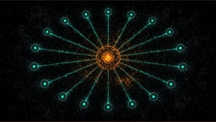 Illustration of AI for Science concept in teal and amber: an amber hub node linked by teal lines to a ring of twenty smaller nodes.