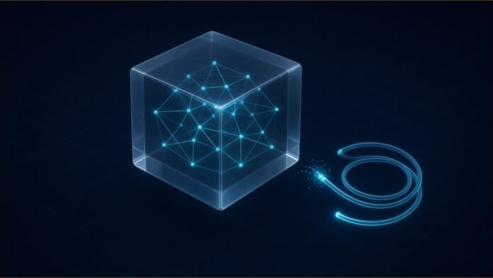 Anthropic Dissects Mythos 5's AISI Test Incident | TSN Illustration of a sealed glass cube holding a glowing cyan node lattice, with a severed luminous cable coiled outside it on a dark grid