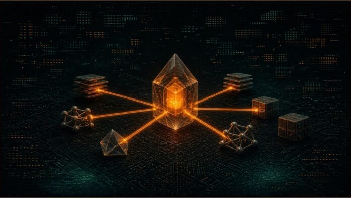 Anthropic Claude Drug Results From Six Partners | TSN Illustration of a glowing amber prism linked by six light threads to small abstract geometric blocks.
