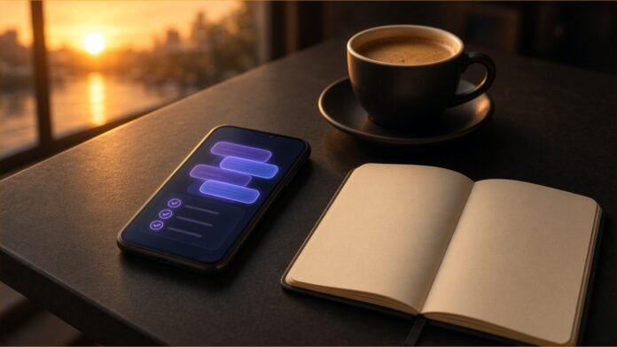 Illustration of a smartphone showing message bubbles and a checklist on a café table at dawn beside a coffee cup and a notebook