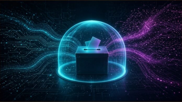 Glowing circuit-line ballot box beneath balanced scales, with a translucent shield filtering fake news pages