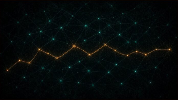 Anthropic Says Claude Refuted the ETH Hypothesis | TSN Illustration of a bright amber path threading through a dense lattice of teal nodes.