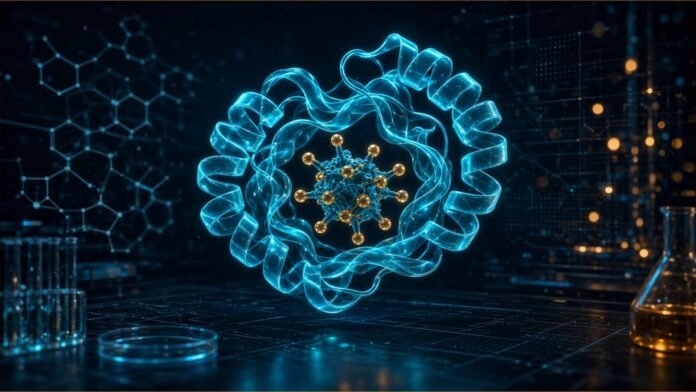 Anthropic: Claude Designs Scorpion Toxin Binders | TSN Illustration of a glowing protein ribbon wrapped around a small spiky molecule above a lab bench.
