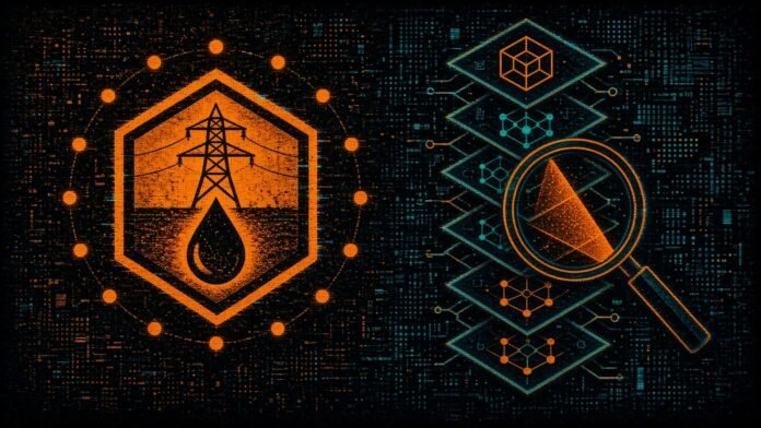 Anthropic Cyber Mission: Infrastructure Programme and Free OSS Scanner A hexagonal shield over a power pylon and water drop beside stacked open-source nodes scanned by a magnifying glass.
