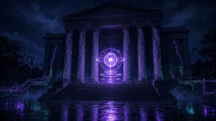 Glowing neural sphere bound by a ring of chain links before a scales silhouette