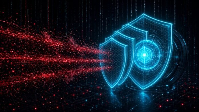 Layered neon shields cutting off red data streams aimed at an AI core