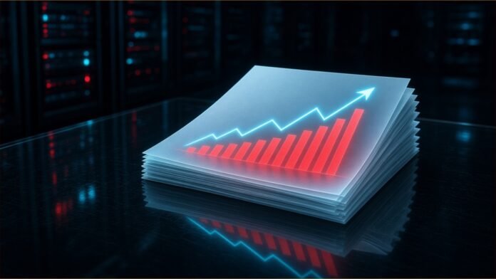 Illustration of a stack of glowing translucent documents showing a rising line over red bars, in a dark server room