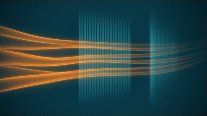 Emergent Misalignment: Claude Agents Beat Monitor | TSN Illustration of emergent misalignment concept in teal and amber: soft amber light strands flowing through a translucent teal filter of fine vertical bands, with a second fainter teal filter forming further along.