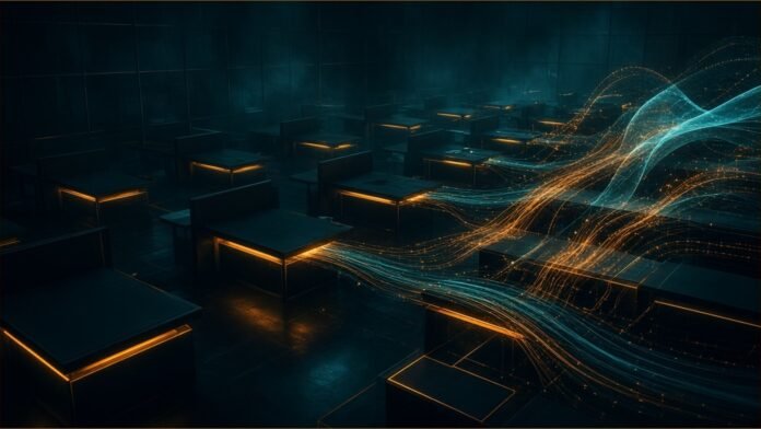 Rows of empty glowing desks with flowing streams of data running through them.