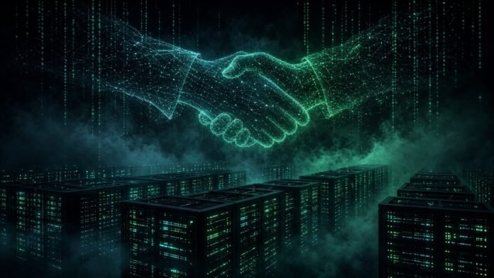Neon data-line handshake above rows of GPU server racks in digital fog