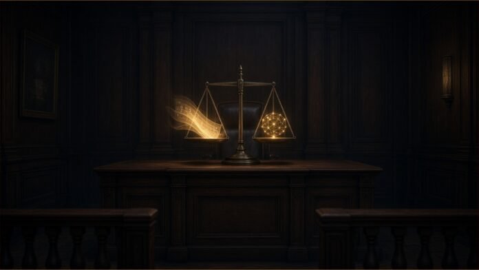 Illustration of balance scales on an empty judge's bench in a dim courtroom, weighing glowing sheet-music shapes against a neural network orb