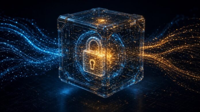 Sealed translucent cube of data streams in a padlock lattice, its pattern beamed to a larger structure