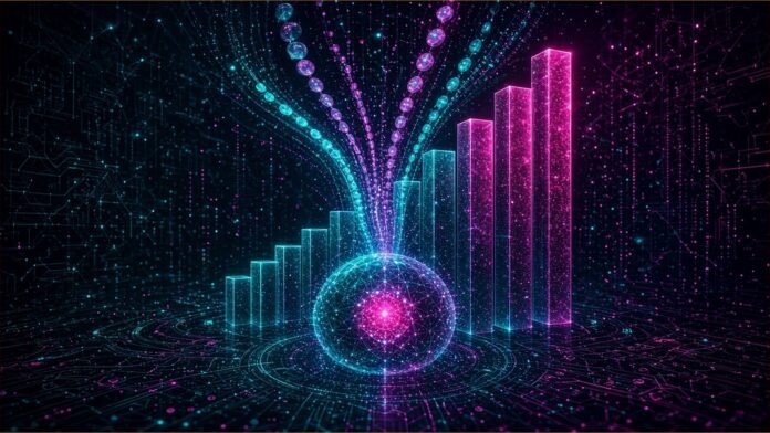 Anthropic Told Investors Q3 Revenue Hit $16.8bn, Reports Say Three ascending glowing bar columns on a dark grid, the tallest topped by a small bell glyph