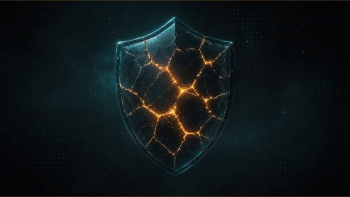 Anthropic AI Found Critical Browser and OS Flaws | TSN Illustration of a cracked glass shield of light, its cracks being sealed by glowing amber seams