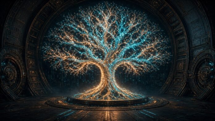Giant code tree branching off one trunk into a new glowing version-control vault