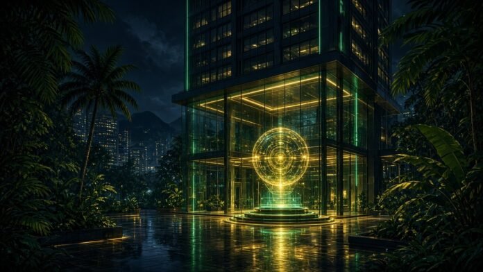 Anthropic Opens Singapore Office, Signs AI Safety MOU Two glowing interlocking circuit puzzle pieces joined over a dark harbour grid inside a shield of light