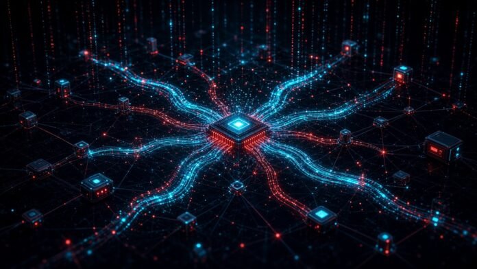 Glowing AI chip spreading copies across a mesh of connected devices
