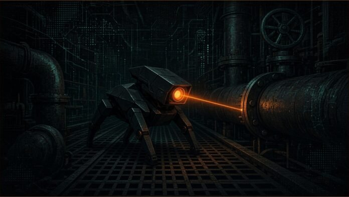 Illustration of an angular four-legged inspection robot scanning pipework on a walkway in an industrial plant at night