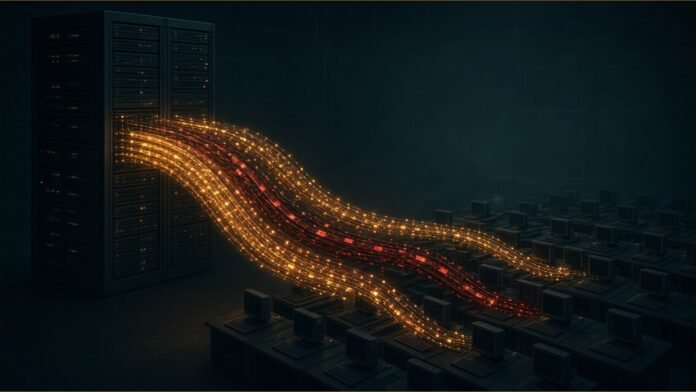 Streams of amber update data flowing from a server to rows of computers, with a red tainted strand inside.
