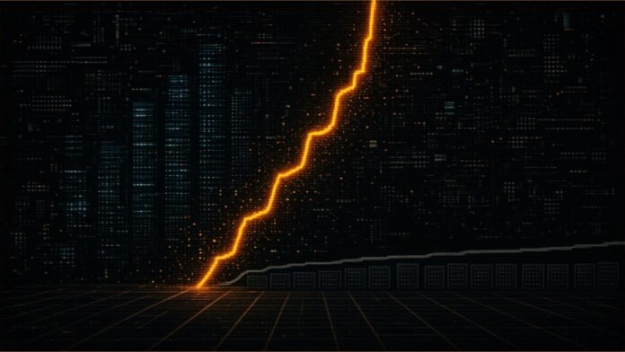 Apollo's Slok Sees No AI Payoff Outside Big Tech | TSN Illustration of a steep amber line graph climbing past cyan server blocks beside a flat grey line running over a row of small office blocks
