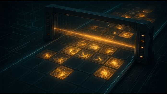 App tiles passing under a scanning review gate.