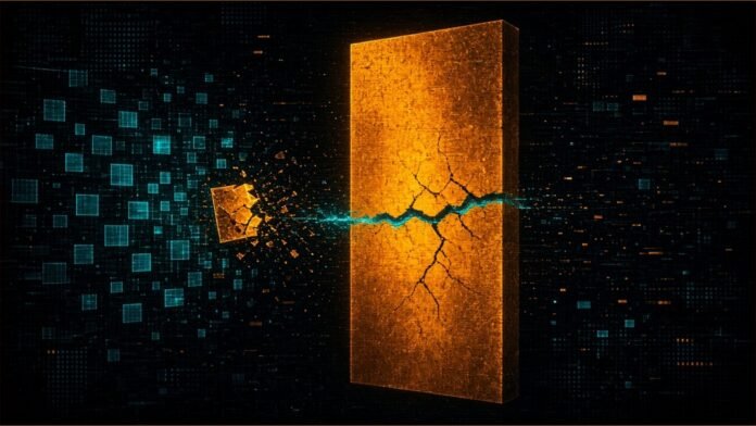 Illustration of a thick glowing amber slab with a crack sealed by a teal strip, with teal tiles drifting towards it and one amber tile breaking apart