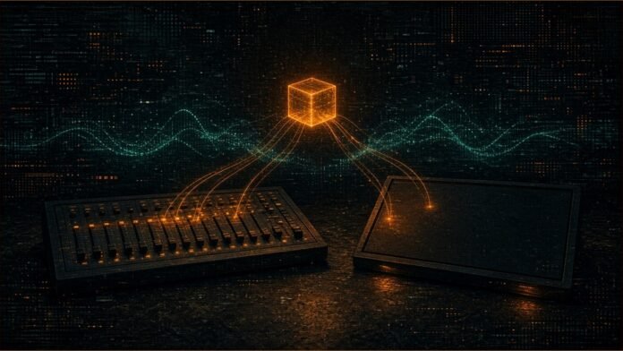 Illustration of a dark studio desk with a mixing console and a blank panel linked by amber light to a glowing cube