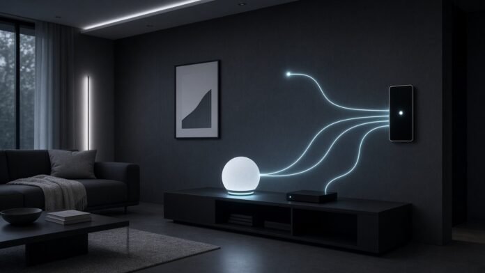 Smart speaker, streaming box and wall panel linked by neon lines in a dark living room