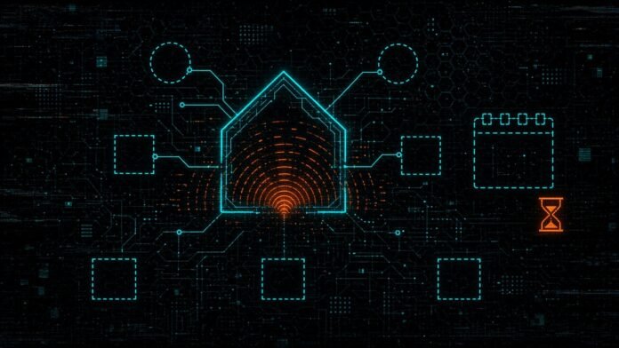 Apple HomeView Smart Home Hub Reported for Tuesday Symbol-only illustration of a cyan house outline with orange voice-wave arcs, connected to five blank dashed device glyphs, with a blank calendar tile, an orange hourglass and three blank dashed squares.