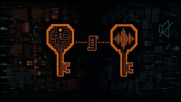 Two interlocking circuit-grid keys, one a badge and one a sound wave, joined by a dotted line through a document scroll, beside a switched-off speaker outline.
