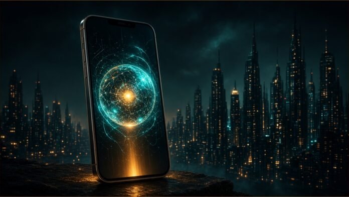 Illustration: a glowing smartphone silhouette with soft multicolour AI halo light, standing before a stylised red gate made of circuit lines, a small checkmark-shaped beam of light above it, red and gold on dark.