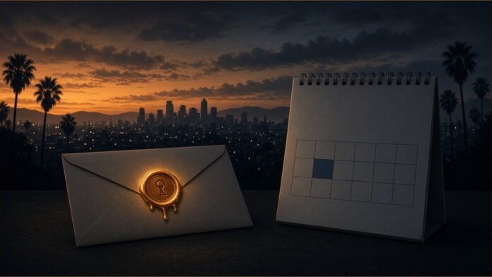 Illustration of a sealed envelope and a calendar in front of a city skyline at dusk.