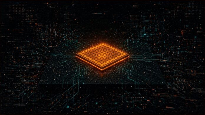 Apple Launches M6 14-Inch MacBook Pro and New iMac | TSN Illustration of a glowing amber chip die floating in the dark, with teal light traces spreading from it