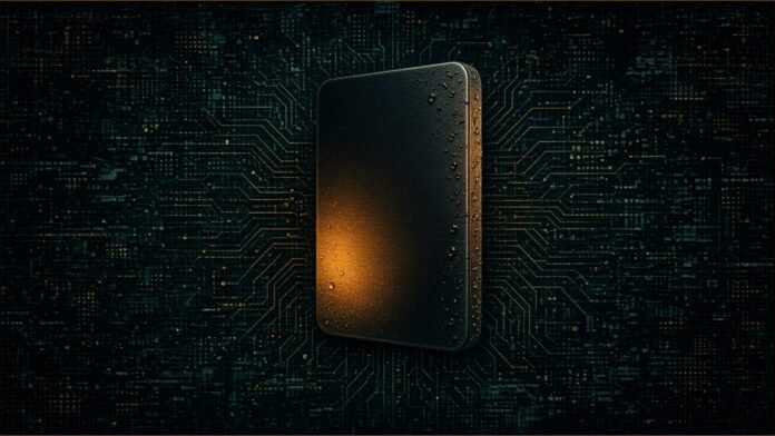 Illustration of a slim blank slab with an amber glow and water droplets on its edge, teal circuit traces radiating behind it