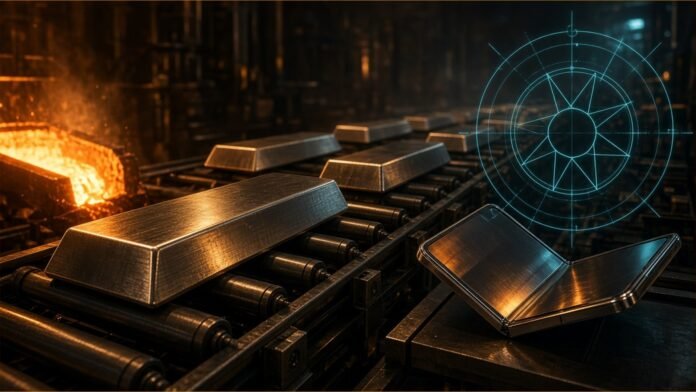 Apple Adds Perryman Titanium Deal to US Programme | TSN Illustration of titanium bars on a foundry conveyor beside a folded phone-shaped metal frame and a cyan aperture diagram.