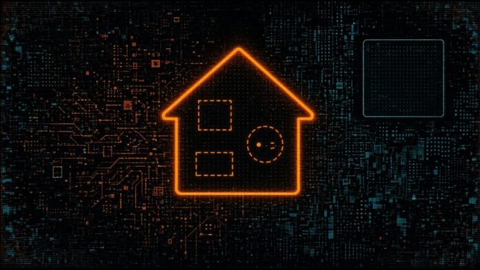 A glowing amber house outline on a dark circuit grid with three dashed, semi-transparent device silhouettes inside it and a blank calendar square beside it.