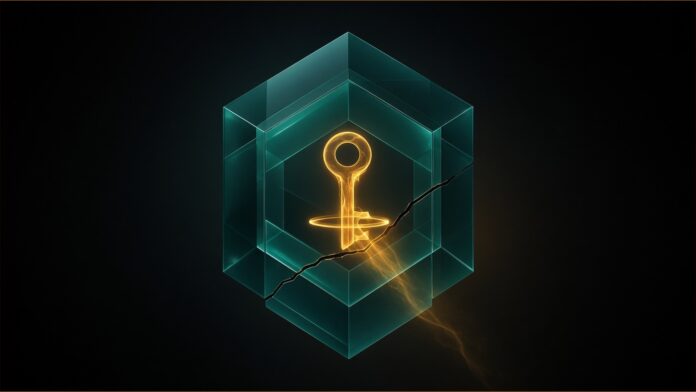Illustration of Applebee's app concept in teal and amber: a glowing amber key shape suspended inside a translucent teal glass vault, with amber light escaping through a crack in the glass.