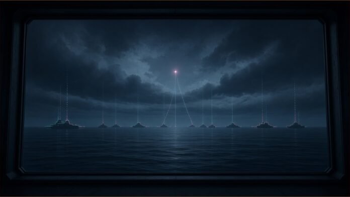 Applied Intuition Wins $25M Navy AI Perception Deal | TSN Illustration of a night seascape seen through a ship window, with faint sensor lines tracing distant vessels and rising to a point of light