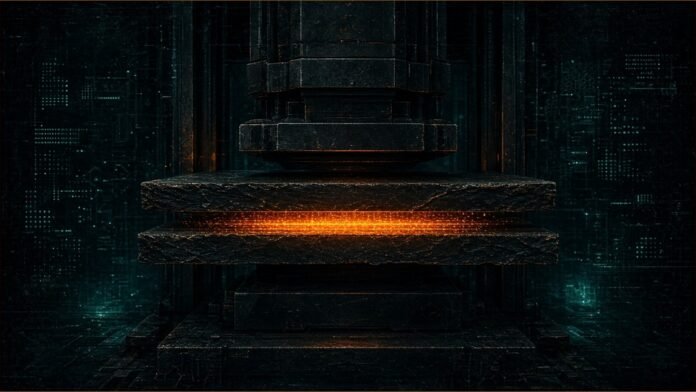 Applied Materials to Lift Besi Stake to About 20% | TSN Illustration of a press head pressing two stacked slabs together, with glowing contact points where they meet