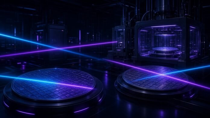 Glowing silicon wafers in a futuristic research cleanroom