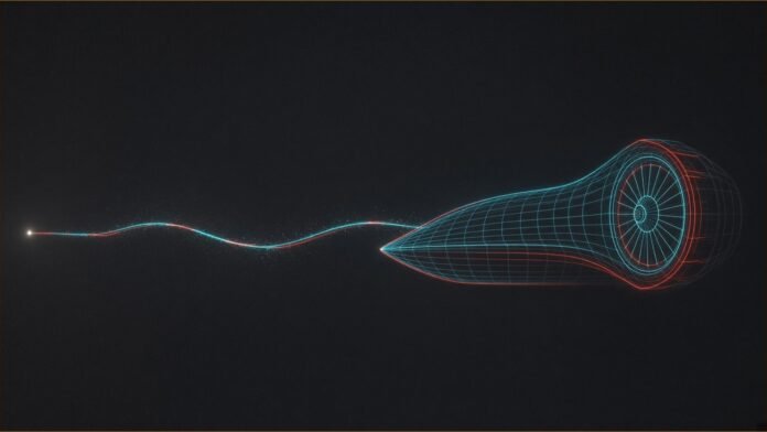 Illustration of a thin glowing tunnel line running from a point of light into a wireframe engine outline.