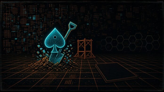 Symbol-only illustration of a cyan spade breaking the first line of a circuit-grid desert plain, an orange scaffold frame rising beside it and faint dotted magnet hexagons far to the right.