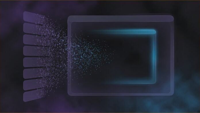 Illustration of a vertical column of tab shapes dissolving into violet particles beside an empty window frame lit in cyan