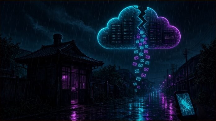 Arcadia Breach May Expose 125,000 Japan Police | TSN Illustration of a police box on a rainy street under a cracked cloud server leaking envelopes