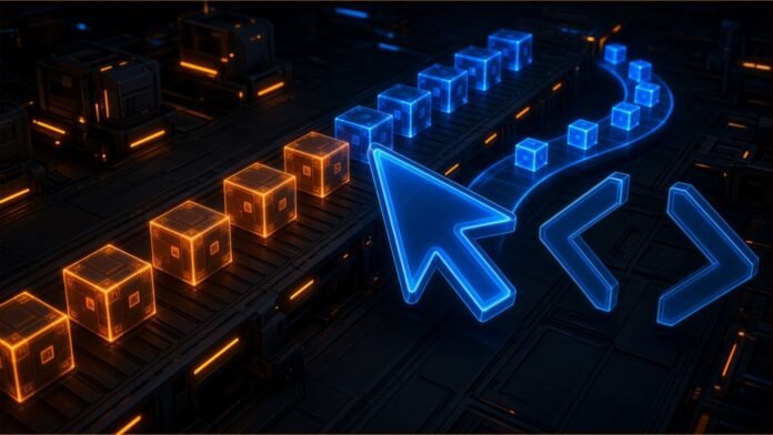 Illustration of glowing blocks on an assembly line being re-routed by a large cursor arrow and bracket shapes.