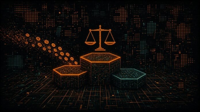 A podium of three hexagonal tiles under a balance-scale glyph with a stream of coins flowing in.