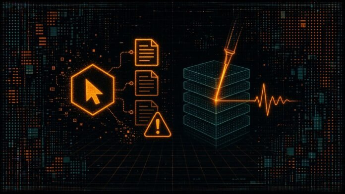 A hexagon agent node beside files with one fading under a warning triangle, opposite a layered neural block with a probe needle and a pulse waveform.